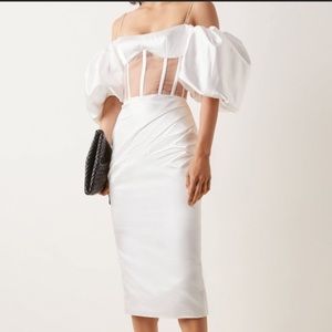 BRAND NEW, RASARIO Exclusive Draped Off-The-Shoulder Satin Midi Dress (US 4)